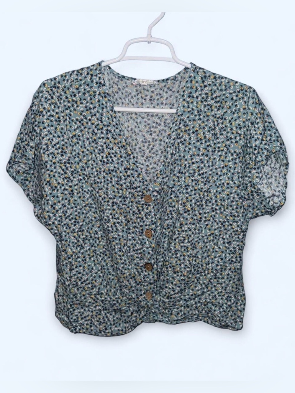 Pink Rose Teal Floral Button Front Tie Hem Blouse